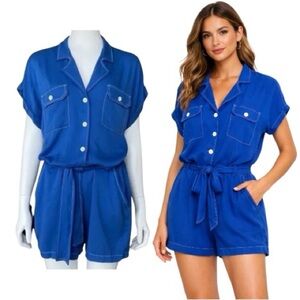 Karina Grimaldi Tencel Button Up Tie Waist Romper Jumpsuit - Blue - Size 4